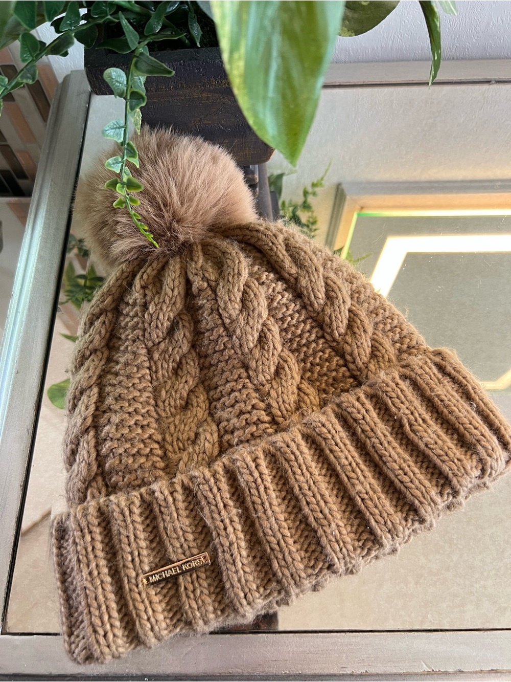 Michael Kors Taupe Cable Knit Pom Beanie